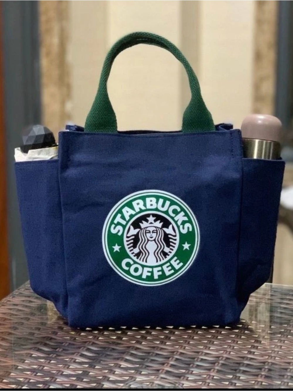Starbucks Navy Canvas Tote with Green Handles